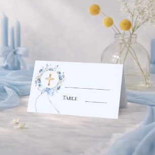 Blue floral wreath gold cross bow boy baptism place card