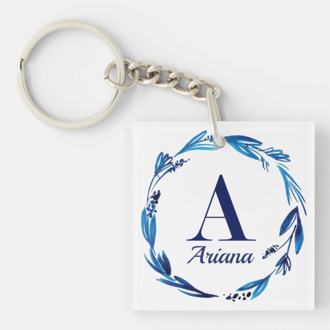 Blue Floral Wreath Monogram 'A' Key Ring (Front)