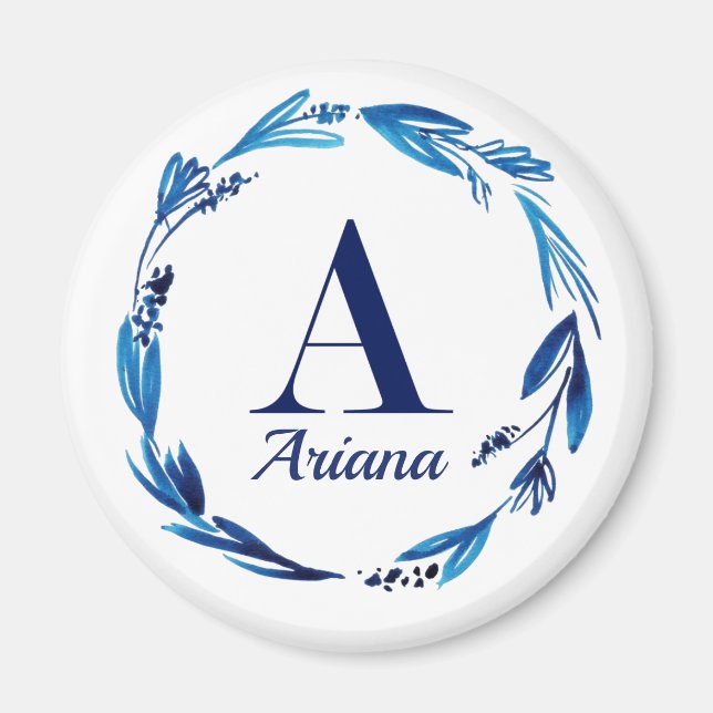 Blue Floral Wreath Monogram 'A' Magnet (Front)