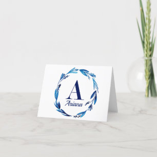 Blue Floral Wreath Monogram 'A' Thank You Card