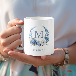 Blue Floral Wreath Monogram Coffee Mug