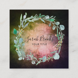 Blue Floral Wreath Monogram On Mossy Dark Greens Square Business Card