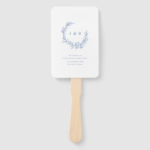 Blue Floral Wreath Monogram Wedding Program Hand Fan