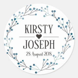 Blue Floral Wreath Monogram Wedding Sticker