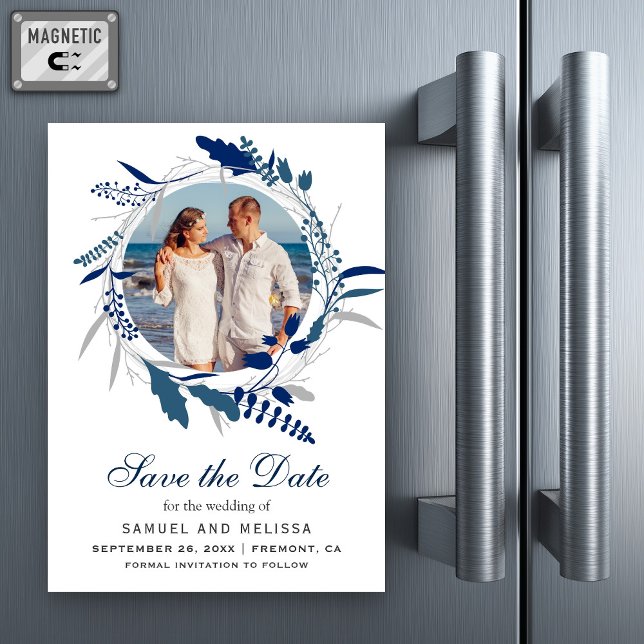 Blue Floral Wreath Photo Wedding Save the Date Magnetic Invitation (Creator Uploaded)