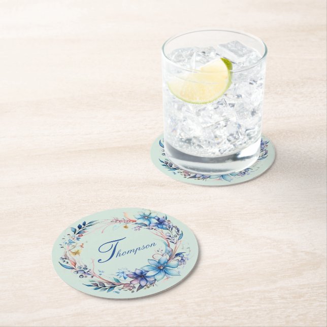 Blue Floral Wreath Round Paper Coaster (Insitu)