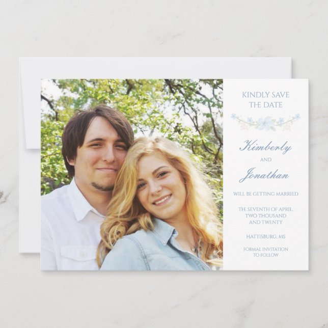 Blue Floral Wreath Save the Date Card (Front)