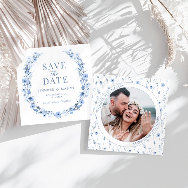 Blue floral wreath Save the Date photo invitation (Creator Uploaded)