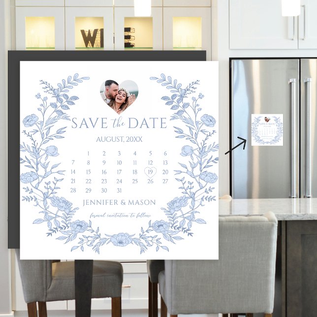 Blue Floral Wreath Save the Date Photo Magnet (Creator Uploaded)