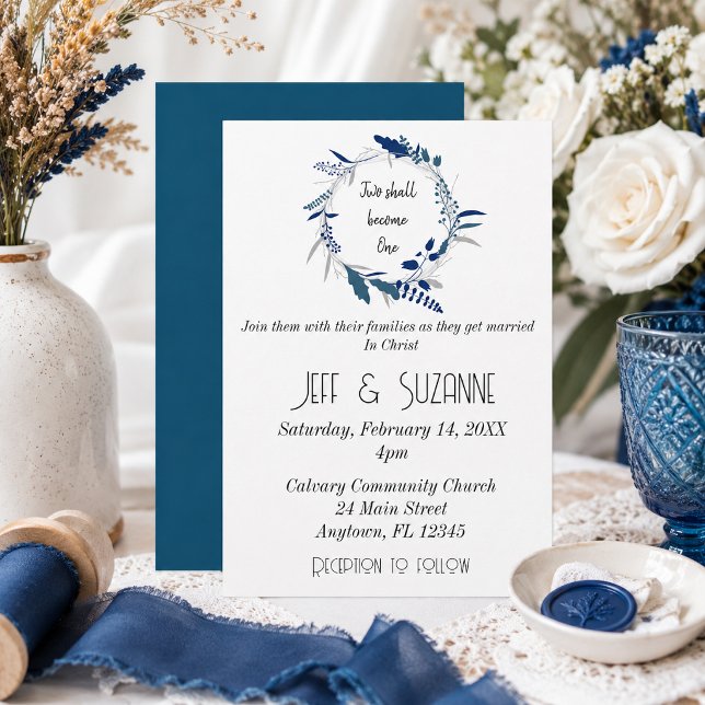 Blue Floral Wreath Two Become One Wedding  Invitation (Creator Uploaded)