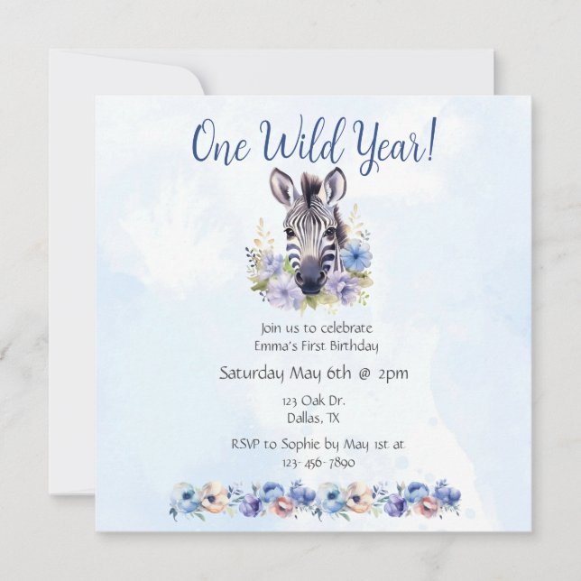 Blue Floral Zebra Birthday  Invitation (Front)