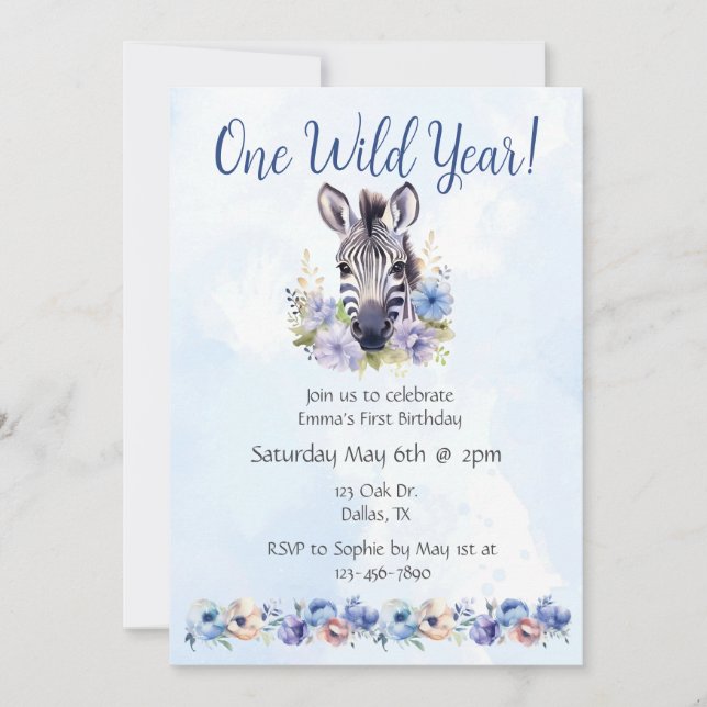 Blue Floral Zebra Birthday  Invitation (Front)