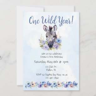 Blue Floral Zebra Birthday  Invitation