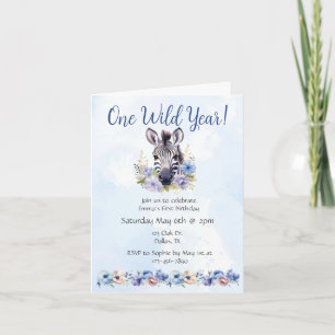 Blue Floral Zebra Birthday  Invitation