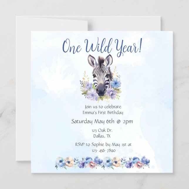 Blue Floral Zebra Birthday  Magnetic Invitation (Front)