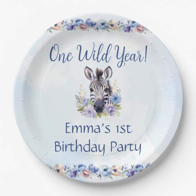 Blue Floral Zebra Birthday  Paper Plate (Front)