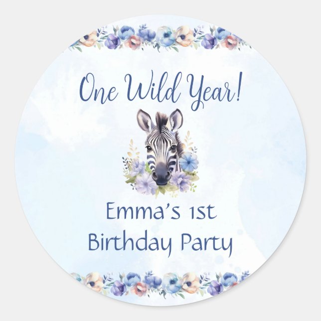 Blue Floral Zebra Birthday Sticker (Front)