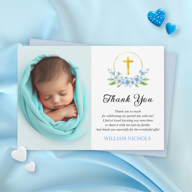 Blue florals and gold cross boy baptism photo thank you card (Creator Uploaded)