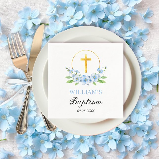 Blue florals and gold cross boy floral baptism  napkin (Creator Uploaded)