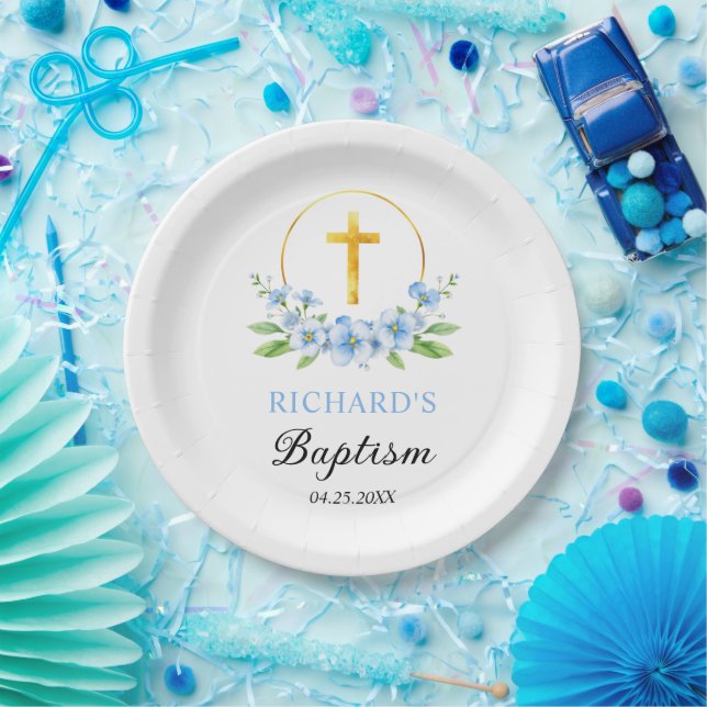 Blue florals and gold cross boy floral baptism  paper plate (Party)