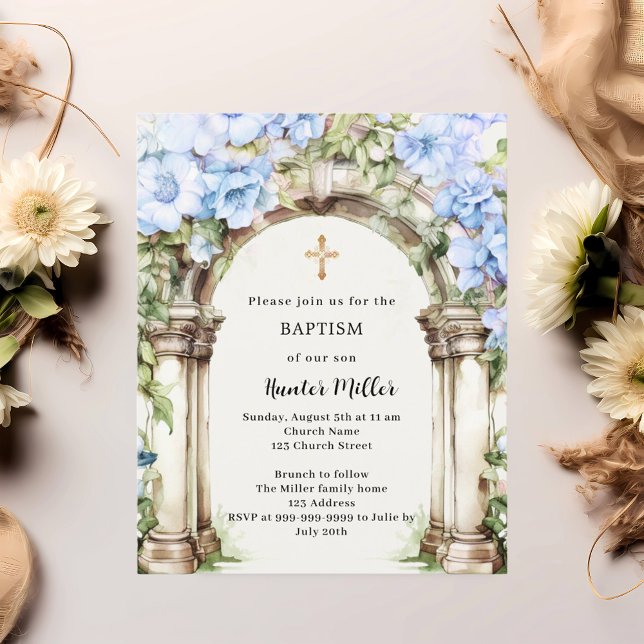 Blue florals arch beige boy Baptism invitation (Creator Uploaded)