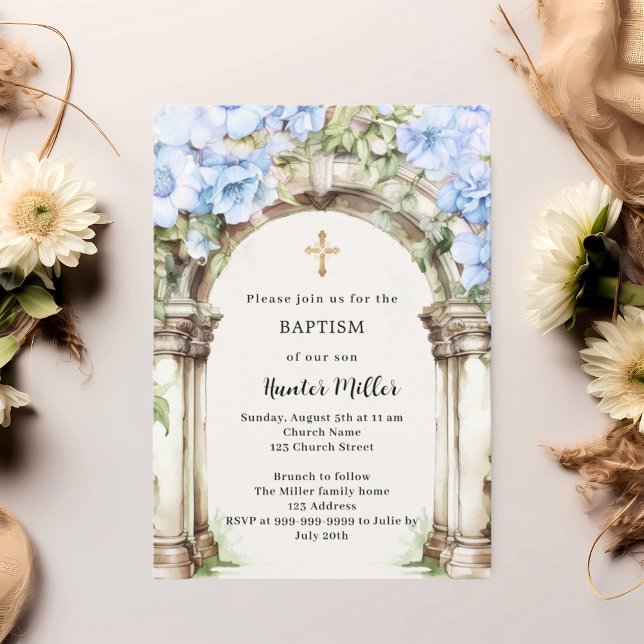 Blue florals arch beige boy Baptism Invitation (Creator Uploaded)
