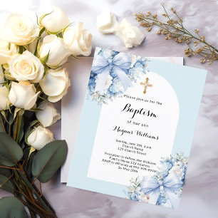 Blue florals arch cross boy baptism invitation
