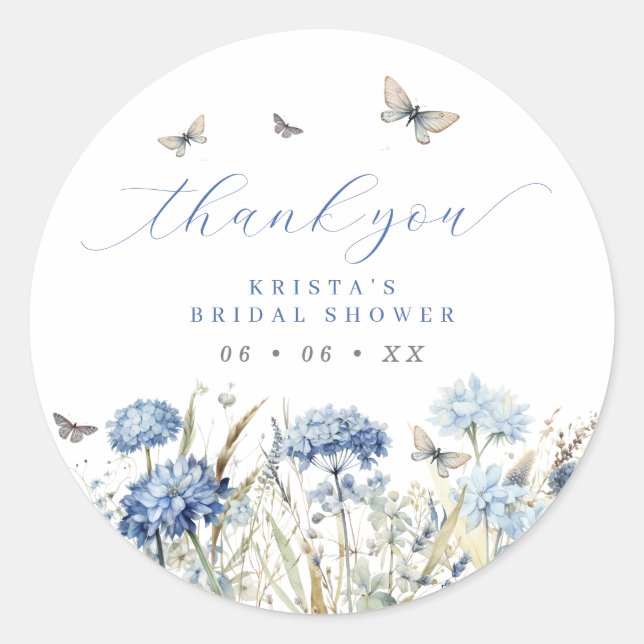 Blue Florals & Butterflies Thank You Bridal Shower Classic Round Sticker (Front)