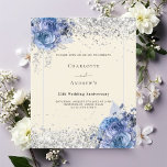Blue florals cream silver 25th wedding invitation<br><div class="desc">A cream coloured background decorated with blue roses,  flowers and faux silver confetti. Personalise and add your names and wedding details. Black letters. 

1 sheet = 1 invitation printed edge to edge.</div>