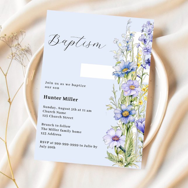 Blue florals cross boy Baptism Invitation (Creator Uploaded)