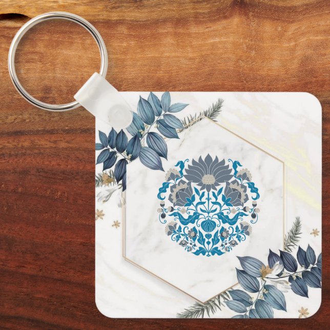 Blue Florals, Delicate Botanical Frame Key Ring (Front)