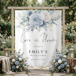 Blue Florals Fabric Welcome Bridal Shower Backdrop Tapestry