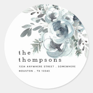 Blue Florals Foliage Name Return Address Christmas Classic Round Sticker