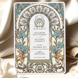 Blue Florals & Golden Accents Art Nouveau Wedding Invitation