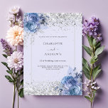 Blue florals lavender silver 25th wedding  invitation<br><div class="desc">A soft lavender coloured background decorated with blue roses,  flowers and faux silver confetti. Personalise and add your names and wedding details. Black letters.</div>
