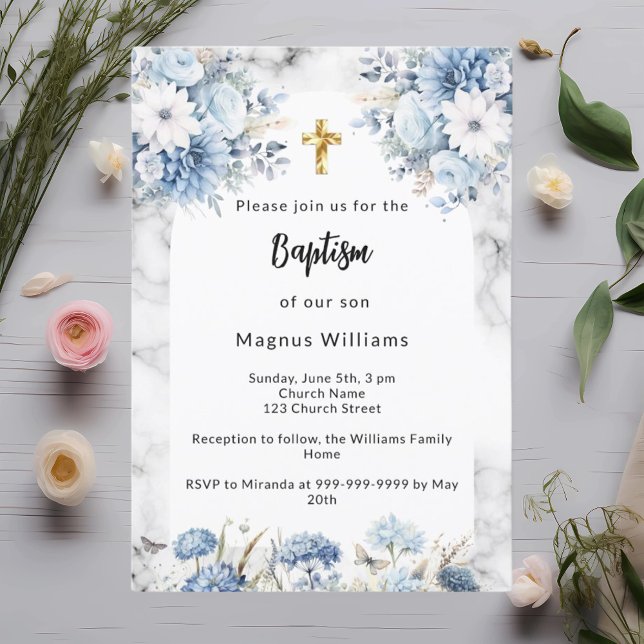 Blue florals marble arch gold cross baptism invitation (Creator Uploaded)