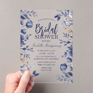 Blue Florals Ornate Bridal Shower Acrylic Invitations