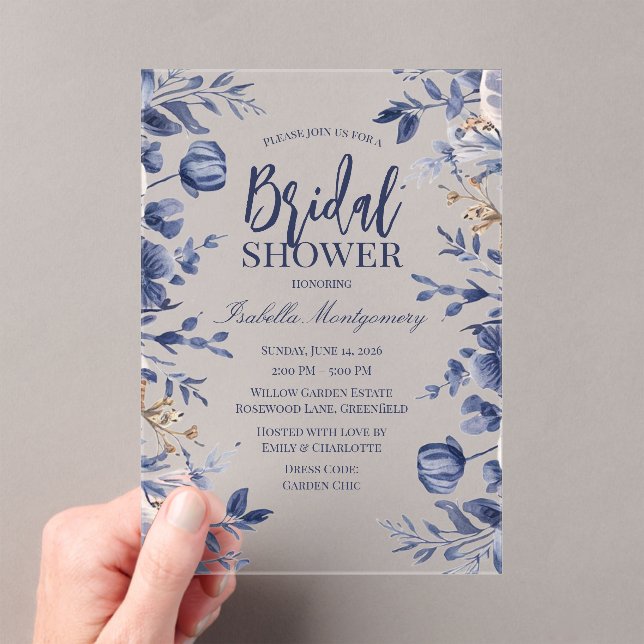 Blue Florals Ornate Bridal Shower Acrylic Invitations (Insitu (Handheld))