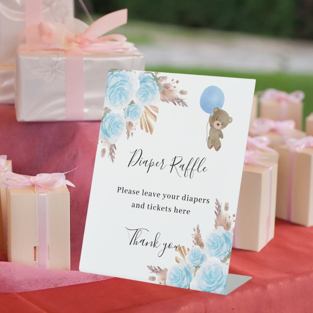Blue florals pampas baby shower diaper raffle sign (Creator Uploaded)