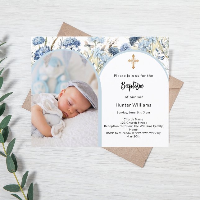 Blue florals photo arch boy Baptism invitation (Creator Uploaded)