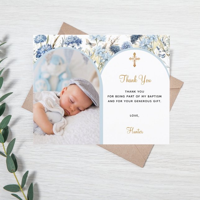 Blue florals photo arch boy Baptism Thank You card (Creator Uploaded)