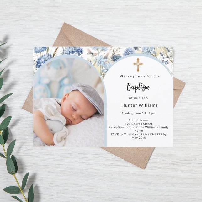 Blue florals photo arch boy cross Baptism Invitation (Creator Uploaded)