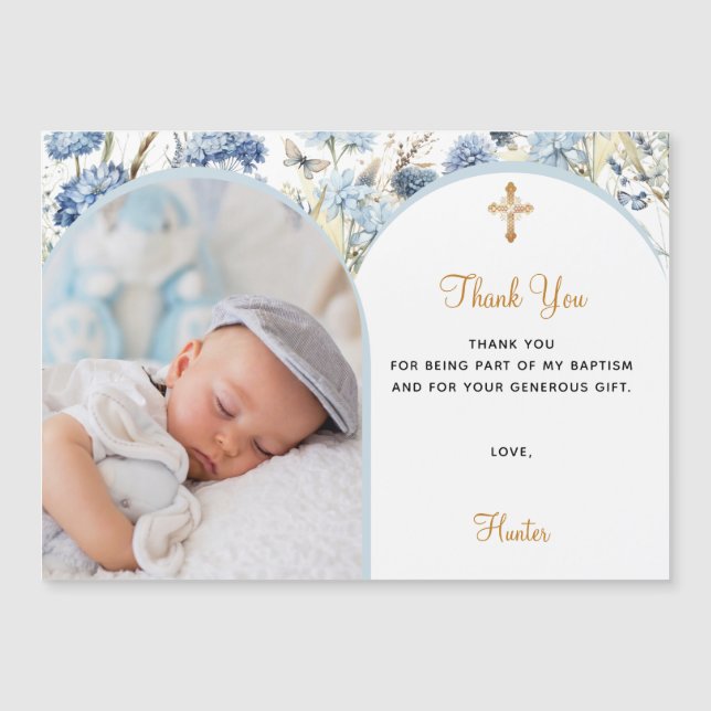 Blue florals photo Baptism magnet Thank You card (Front)