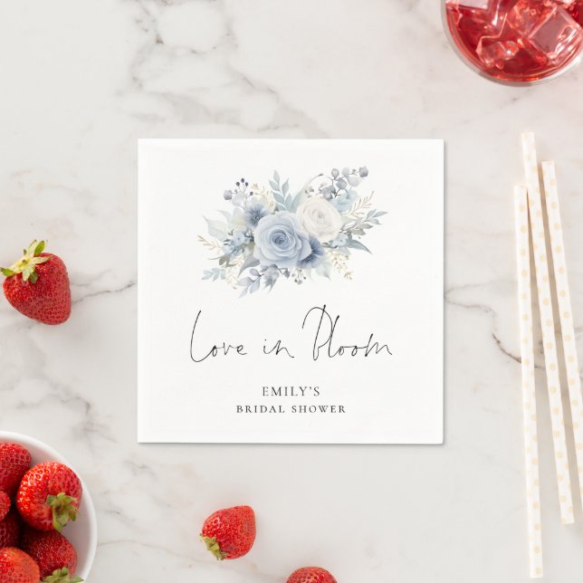 Blue Florals Script Love in Bloom Bridal Shower Napkin (Insitu)