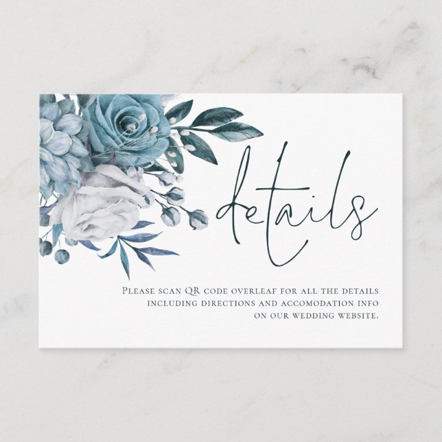 Blue Florals Script QR Code Wedding Details  Enclosure Card (Front)
