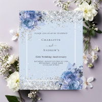 Blue florals silver 25th anniversary invitation