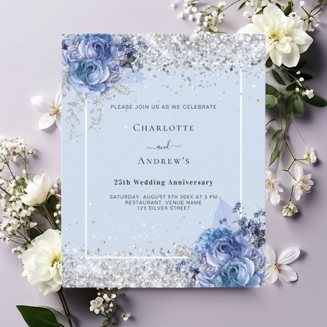 Blue florals silver 25th anniversary invitation (Creator Uploaded)