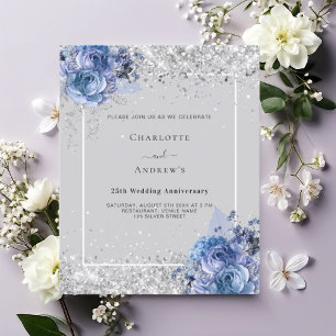 Blue florals silver 25th anniversary invitation