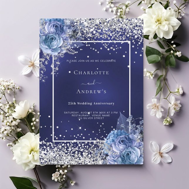 Blue florals silver 25th wedding anniversary invitation (Creator Uploaded)