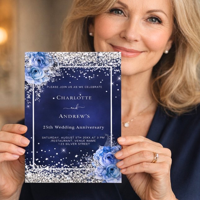 Blue florals silver 25th wedding invitation (Creator Uploaded)